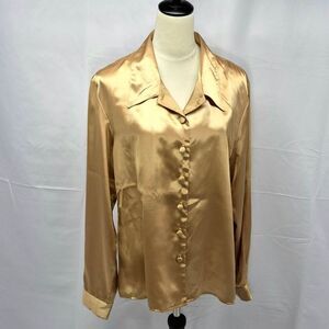 Vintage Appleseed's Gold Champagne Satin Silky Button Down Blouse Top Size 18..